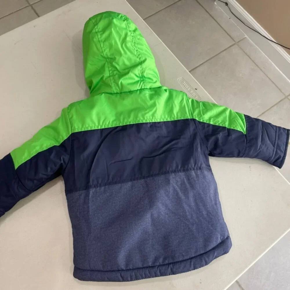 CARTERS HOODED PUFFER JACKET SZ 12 MONTHS BABY GREEN/NAVY BLUE COZY‎ WINTER CORE